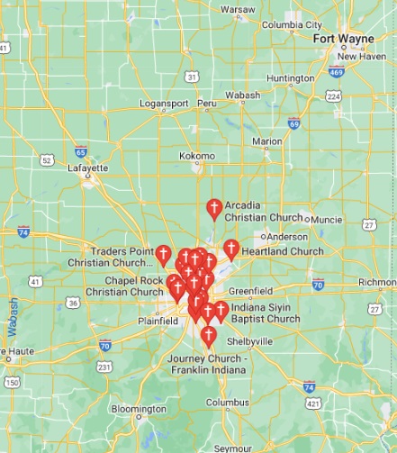 Map of churches in Indiana